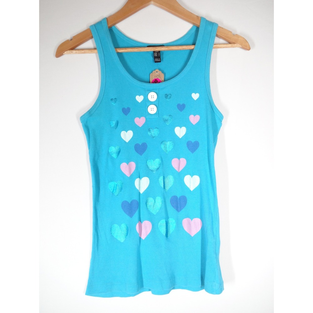 VTG F.A.N.G Tank Top Womens Large Turquoise Blue Heart Print Ribbed Y2K Kidcore